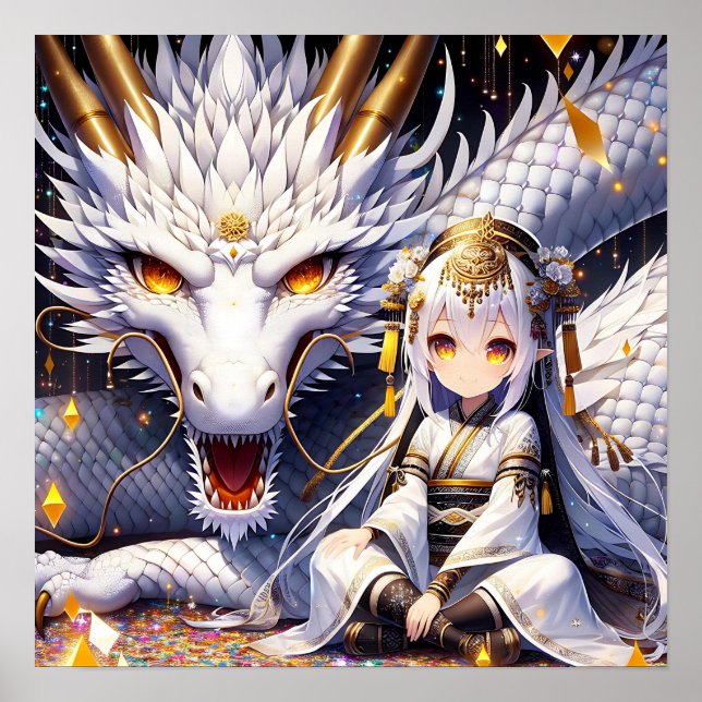 Anime Girl Warrior och Dragon Ai Art Poster (Framsidan)