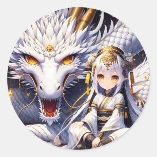 Anime Girl Warrior och Dragon Ai Art Runt Klistermärke