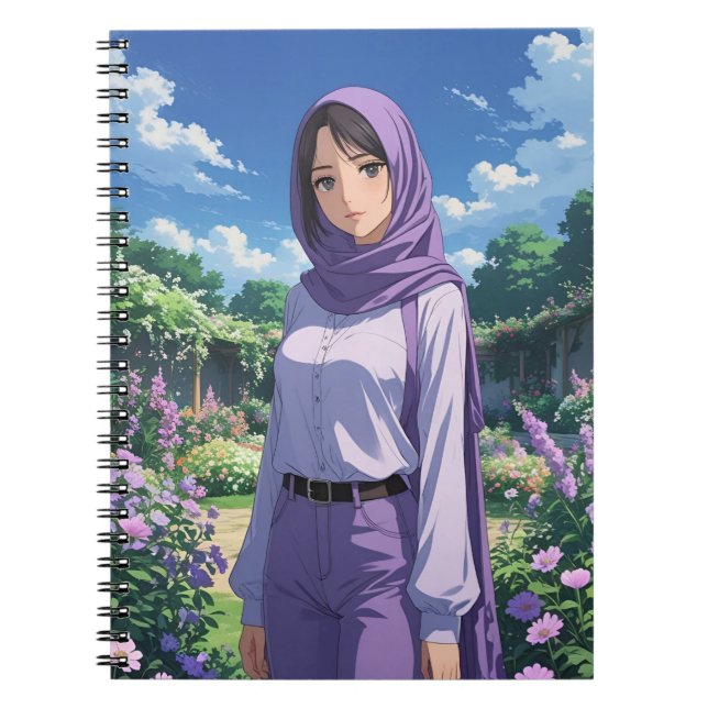 Anime Girl Wearing Lila Scarf Anteckningsbok (Framsidan)