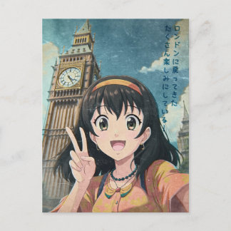 Anime Girl with Big Ben, London - Retro Kawaii Art Helg Vykort
