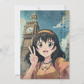 Anime Girl with Big Ben, London - Retro Kawaii Art Tack Kort