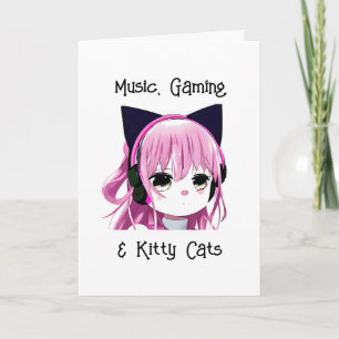 Anime Girl with Cat Öron Birthday Kort