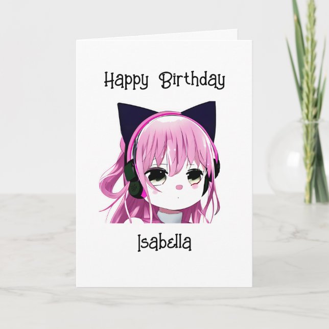 Anime Girl with Cat Öron Birthday Kort (Framsida)