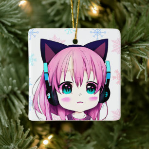 Anime Girl with Cat Öron Headband jul Julgransprydnad Keramik