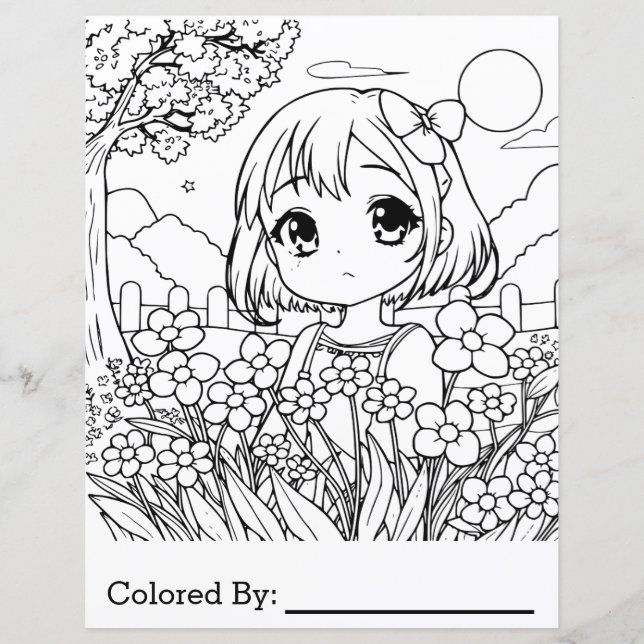 Anime Girl with Flowers | Färgsida (Framsida)