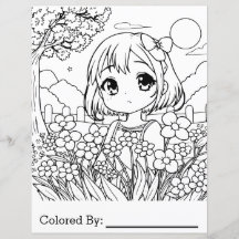 Anime Girl with Flowers | Färgsida