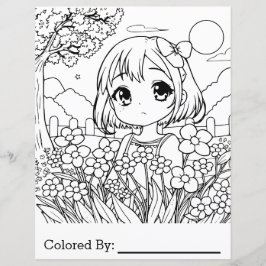 Anime Girl with Flowers | Färgsida