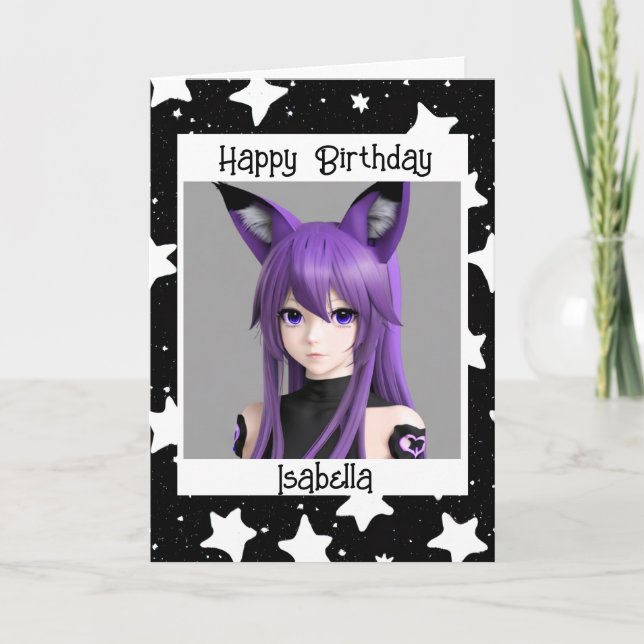 Anime Girl with Fox Öron Birthday Kort (Framsida)