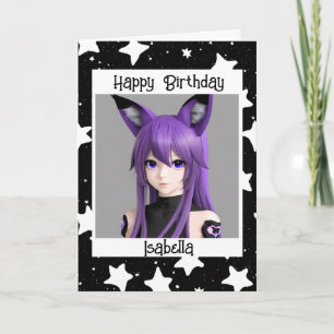 Anime Girl with Fox Öron Birthday Kort