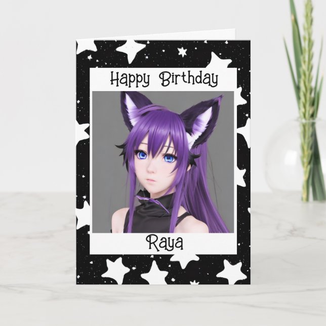 Anime Girl with Fox Öron Lila Birthday Kort (Framsida)