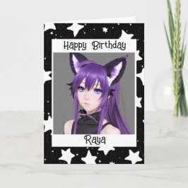 Anime Girl with Fox Öron Lila Birthday Kort