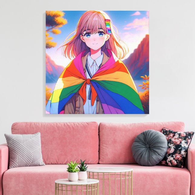 Anime Girl with LGBTQIA+ Cape Canvastryck (Insitu (Vardagsrum))