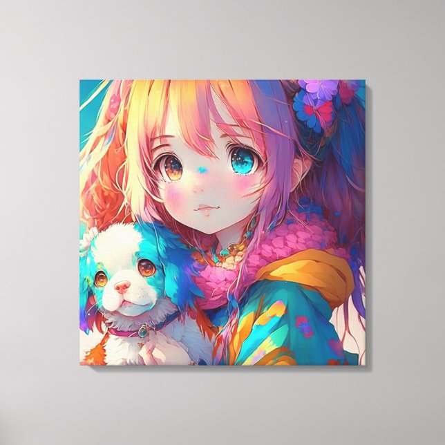 Anime Girl with Puppy Canvastryck (Framsida)