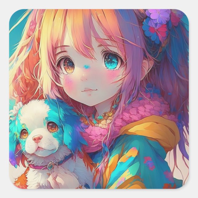 Anime Girl with Puppy Fyrkantigt Klistermärke (Framsida)