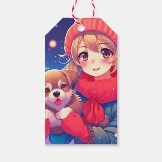 Anime Girl with Puppy jul Presentetikett (Framsidan)