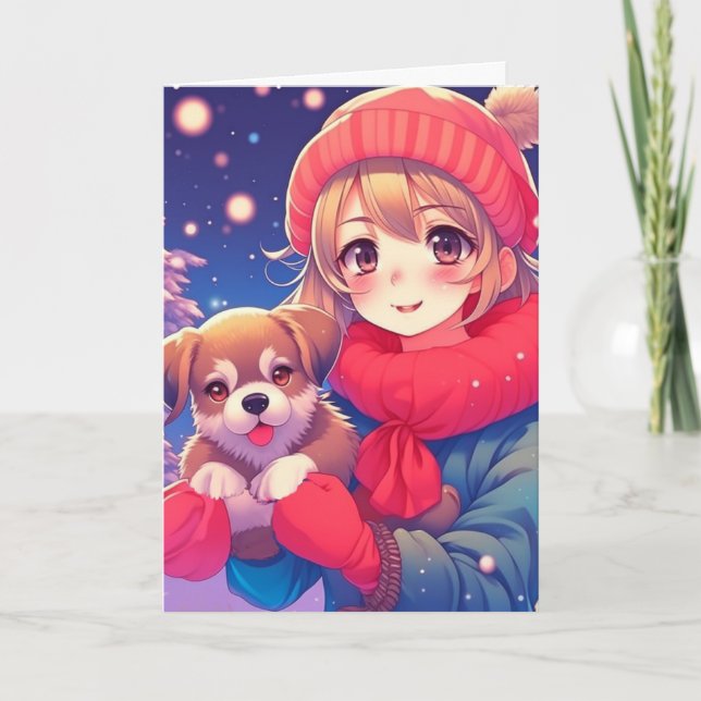 Anime Girl with Puppy Personlig jul Helgkort (Framsida)