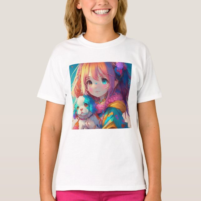 Anime Girl with Puppy T Shirt (Framsida)