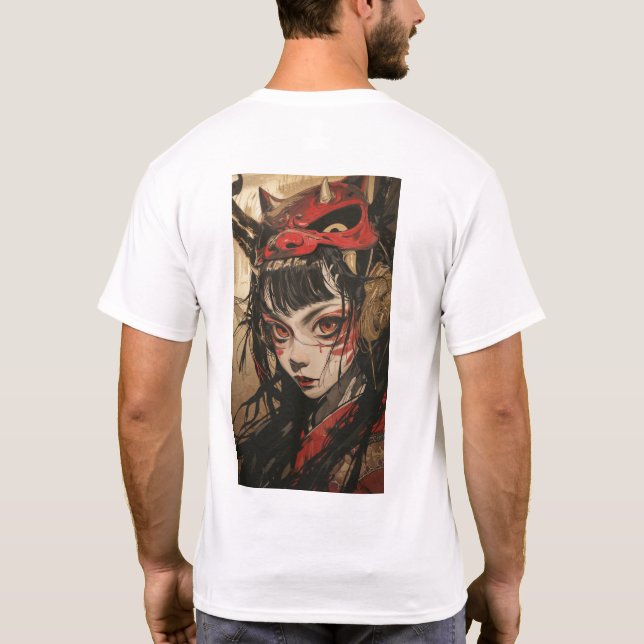 Anime Girl with Red Guld Oni Mask T-Shirt (Baksida)