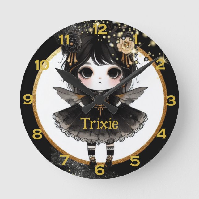 Anime Girls Kawaii Goth Chibi Decor Black Guld Rund Klocka (Framsida)