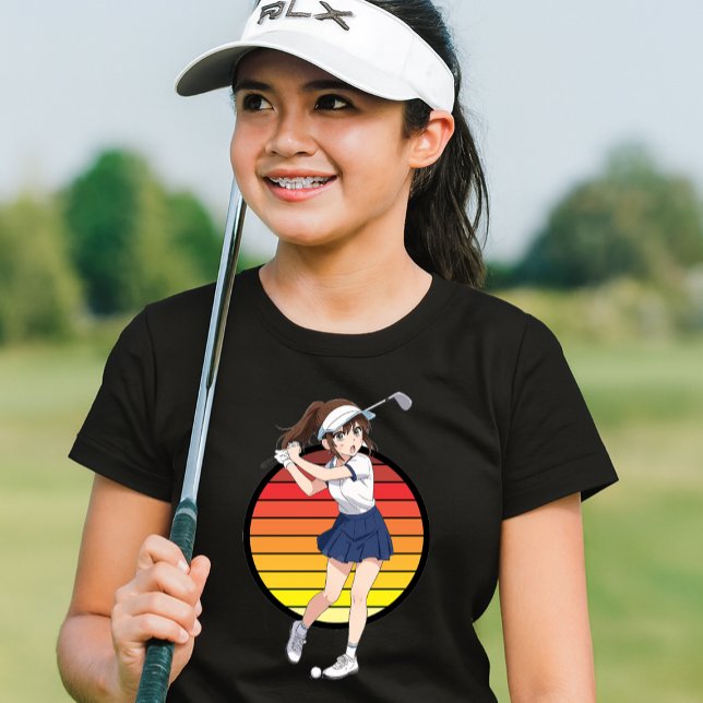 Anime Golfer Girl On Retro Sunset Template T Shirt (Skapare uppladdad)