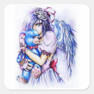 Anime Gothic Rosa Angel Girl with Teddy Fyrkantigt Klistermärke
