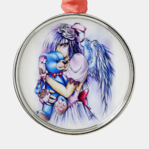 Anime Gothic Rosa Angel Girl with Teddy Julgransprydnad Metall