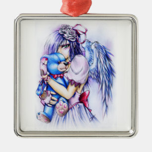 Anime gotisk rosa ängel flicka med teddy julgransprydnad metall