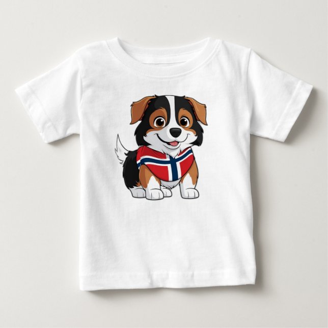Anime Gräns Collie med Norge Flagga T Shirt (Framsida)