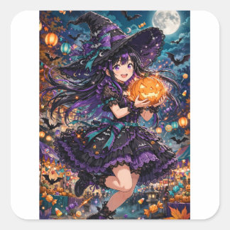 Anime-häxa flicka Halloween-illustration Fyrkantigt Klistermärke
