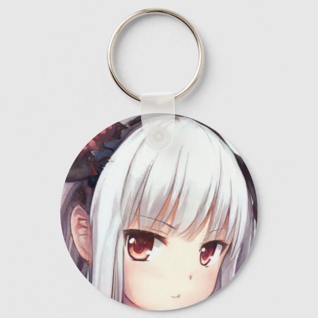 Anime irriterad flicka med silver med garnet öga nyckelring (Framsida)