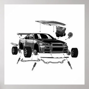 ANIME JAPANESE GRÅTT DRIFT CAR DISASSEMBED POSTER