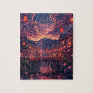 Anime Japanese Town at Sunset Puzzle – Cherry Blos Pussel