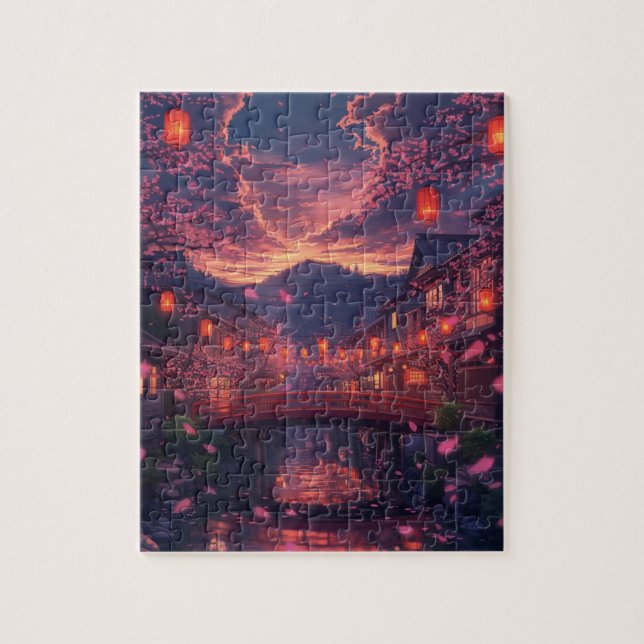 Anime Japanese Town at Sunset Puzzle – Cherry Blos Pussel (Vertikal)