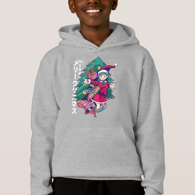 Anime jultröja - Glad flicka med tomtehatt T Shirt (Framsida)