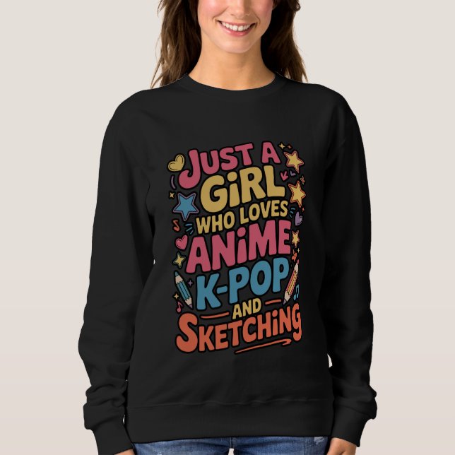Anime K-Pop Sketching Cute Girl Art T Shirt (Framsida)
