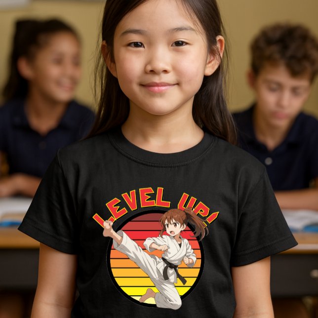 Anime Karate Girl On Retro Sunset Template T Shirt (Skapare uppladdad)