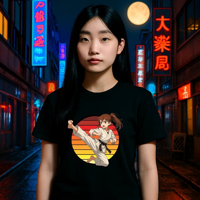 Anime Karate Girl On Retro Sunset Template T Shirt (Skapare uppladdad)