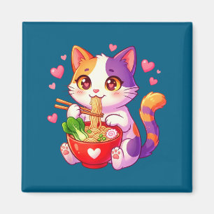 Anime Katt som äter Ramen Nudlar Med Hjärtan Rolig Magnet