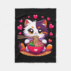 Anime Katt som äter Ramen Nudlar Med Hjärtan Valen Fleecefilt