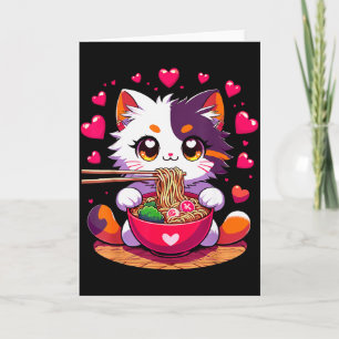 Anime Katt som äter Ramen Nudlar Med Hjärtan Valen Kort