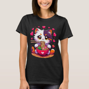 Anime Katt som äter Ramen Nudlar Med Hjärtan Valen T Shirt