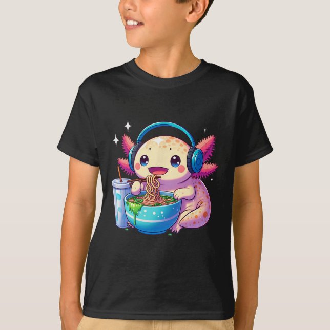 Anime Kawaii Axolotl Eating Ramen Noodles Kids Tee (Framsida)