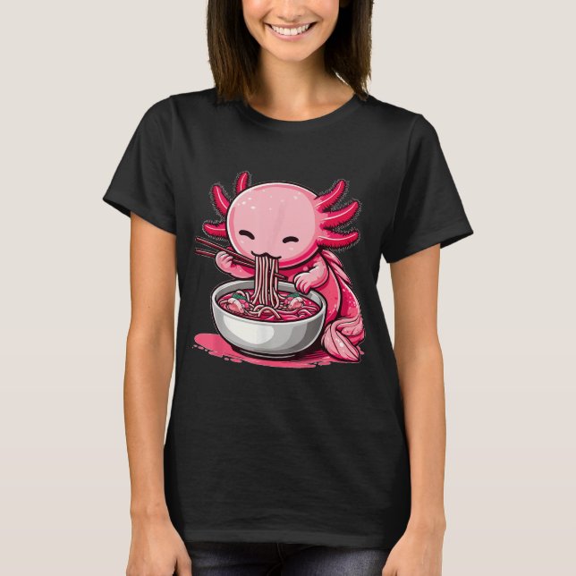 Anime Kawaii Axolotl Eating Ramen Noodles T Shirt (Framsida)