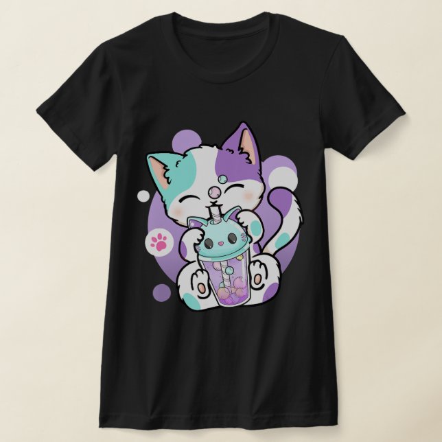 Anime Kawaii Cat Boba Bubble Tea Neko Boba Tea Cat T Shirt (Laydown)