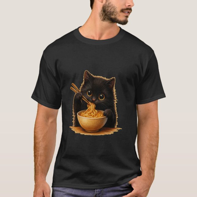 Anime Kawaii Cat Eating Ramen Noodles Kids Teen Gi T Shirt (Framsida)
