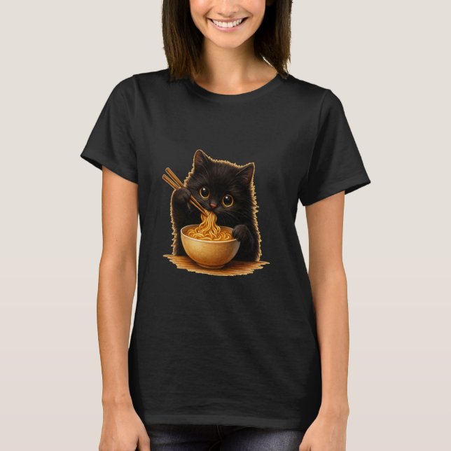 Anime Kawaii Cat Eating Ramen Noodles Kids Teen Gi T Shirt (Framsida)