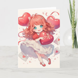 Anime Kawaii Girl Heart Kärlek Helgkort
