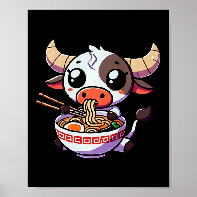Anime Kawaii Texas Cow Eating Ramen Clothing Noodl Poster (Framsidan)