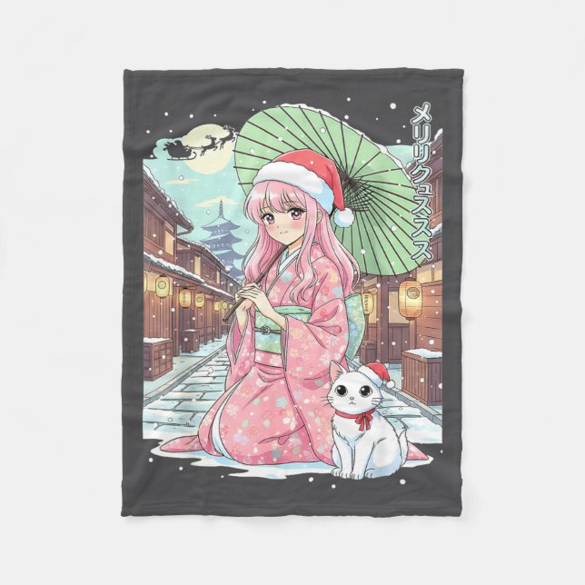 Anime Kimono Girl Christmas Japan Cat Xmas Japan A Fleecefilt (Framsidan)