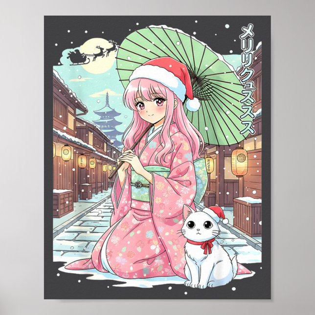 Anime Kimono Girl Christmas Japan Cat Xmas Japan A Poster (Framsidan)